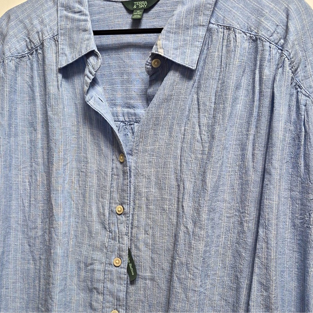 Terra & Sky Women's Plus 3X Blue Striped Linen Camp Shirt Button Front Collared